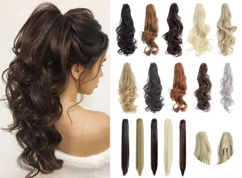 Vista 11 de Felendy Extensión de cola de caballo de 18 pulgadas, mezcla de rubio ceniza, marrón oscuro, rizado, ondulado, con clip, extensiones de cabello largo