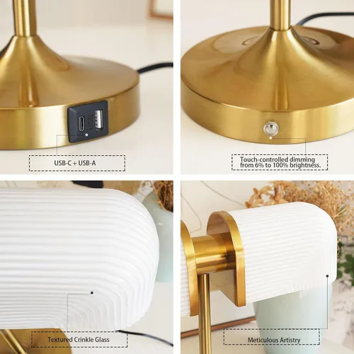 Vista 4 de Lámpara de escritorio vintage de vidrio de leche para banqueros, lámpara de noche regulable con control táctil con puertos de carga USB A+C