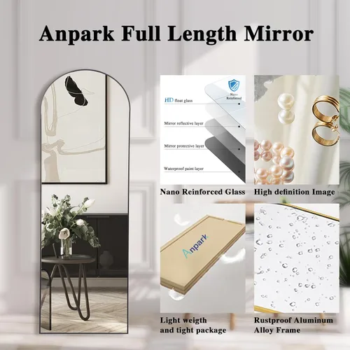 Vista 4 de Anpark Black Arched Mirror Full Length with Stand 24" x 65" Large Full Body Dressing for Wall Standing Floor Mirror for Bedroom Wall Mounted for