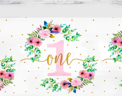 Vista 6 de Paquete de 3 manteles florales de plástico para suministros de fiesta de primer cumpleaños de bebé niña (54 x 108 pulgadas)