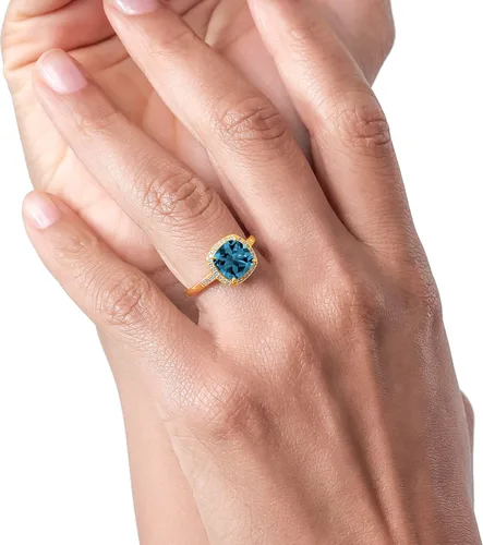 Vista 5 de Gem Stone King Anillo de compromiso de oro amarillo de 10 quilates con topacio azul Londres y diamantes para mujer