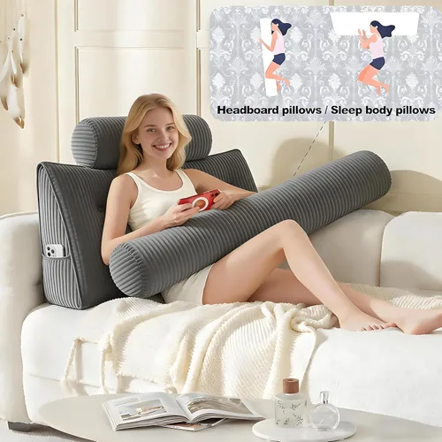 Vista 5 de Almohada de Cabecera Individual, Cojín Triangular en Forma de Cuña con Rodillo para el Cuello, Almohada de Apoyo para la Espalda con Funda Extraíble