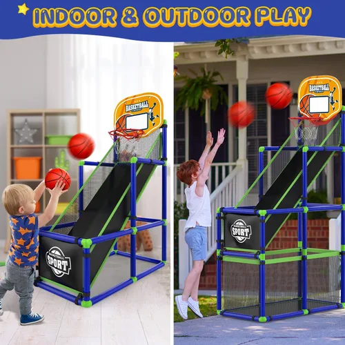 Vista 2 de EagleStone - Aro de baloncesto ajustable con retorno de pelota para niños Azul y amarillo