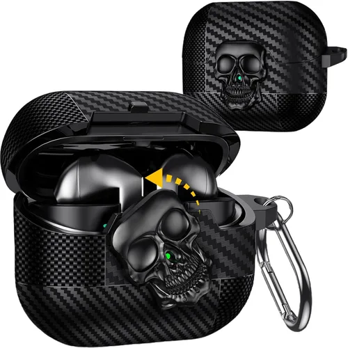 Vista 19 de Funda para AirPods Pro de 2ª generación, calavera con cerradura y llavero para hombres, divertida fibra de carbono de cuerpo completo, a prueba
