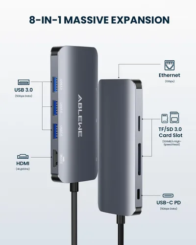 Vista 5 de ABLEWE USB C Hub Ethernet, Hub USB C multipuerto a HDMI, Adaptador USBC 8 en 1 de 4K@60Hz, 1000Mbps, PD de 100W, 3 puertos USB 3.0, estación