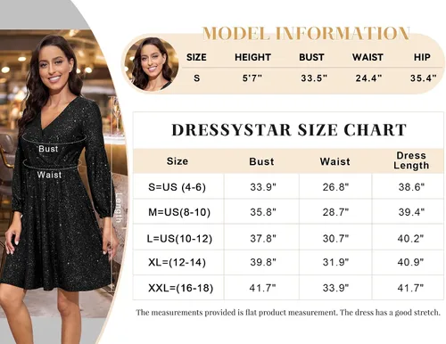 Vista 4 de Dressystar Vestido de lentejuelas con purpurina para mujer, sexy, cuello en V, manga larga, vestido de cóctel y fiesta con cinturón