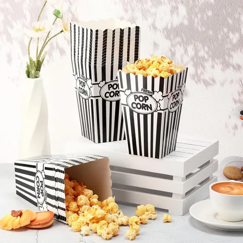 Vista 7 de Xinnun 100 piezas Cajas de palomitas de maíz 32oz Cubos de papel clásicos con rayas desechables a prueba de aceite Caja abierta retro