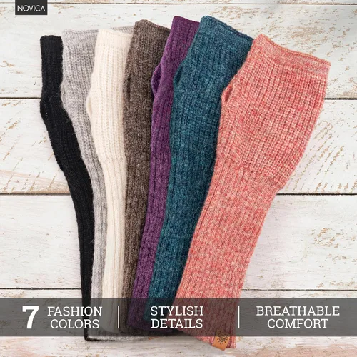 Vista 5 de NOVICA Handmade Alpaca Wool Blend Fingerless Gloves Arm Warmers for Women Gris