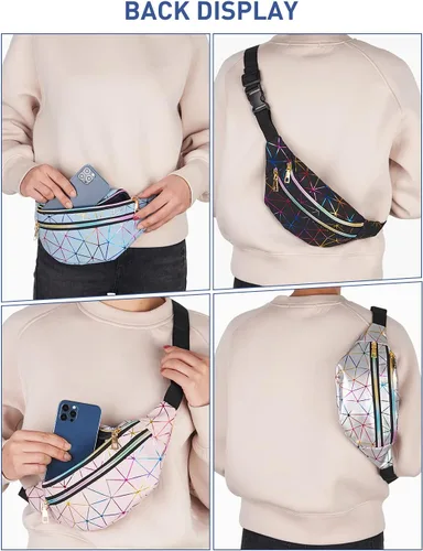 Vista 6 de Livacasa - Cangurera holográfica linda, brillante e impermeable para mujer, cangurera para viajes, fiestas, festivales, correr y senderismo)