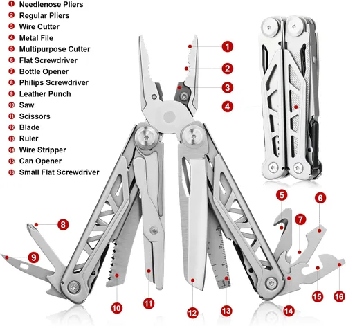 Vista 7 de FLYHOMES Cuchillo de bolsillo multiherramienta, alicates multiherramienta 16 en 1 con bloqueo de seguridad, tijeras, destornillador y sierra