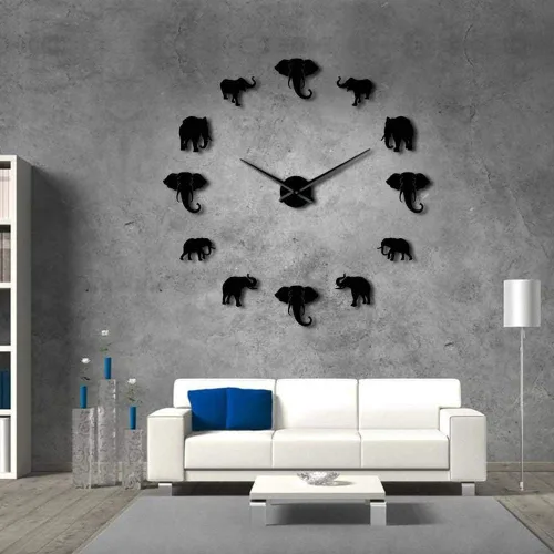 Vista 3 de Reloj de pared, diseño único de elefante con forma de animal, reloj de pared para bricolaje, espejo acrílico, decoración para el hogar