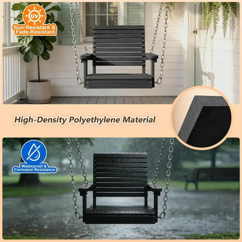 Vista 5 de Psilvam Columpio de porche individual HDPE, silla de columpio resistente Negro