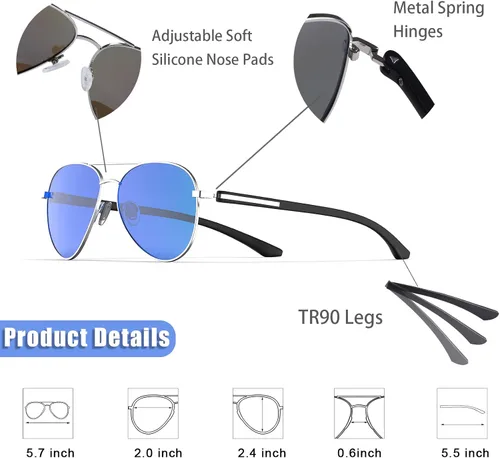 Vista 3 de Lasiyanor Gafas de sol ligeras Avaitor para hombres y mujeres, diseño clásico piloto TR90, marco de metal, polarizado, UV400