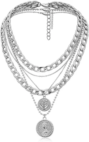 Vista 17 de MJartoria Collares de oro en capas para mujer, collar retro de moda con dije de moneda de flor de nacimiento, collar delicado y grueso para joyería