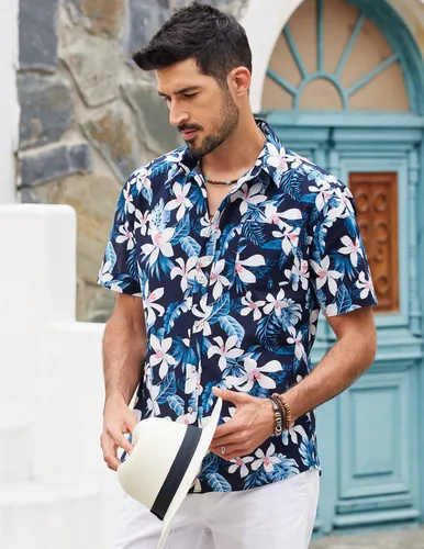 Vista 2 de COOFANDY Camisas hawaianas florales para hombre, algodón y lino, con botones, tropicales, para la playa