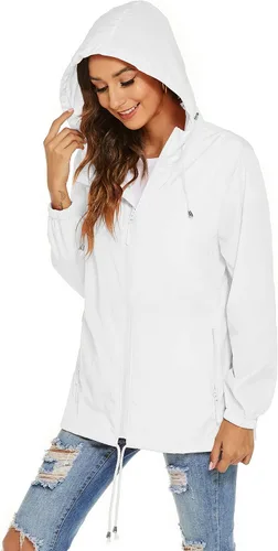 Vista 4 de Avoogue Chaqueta impermeable para mujer, ligera, transpirable, con capucha, rompevientos activos con bolsillo