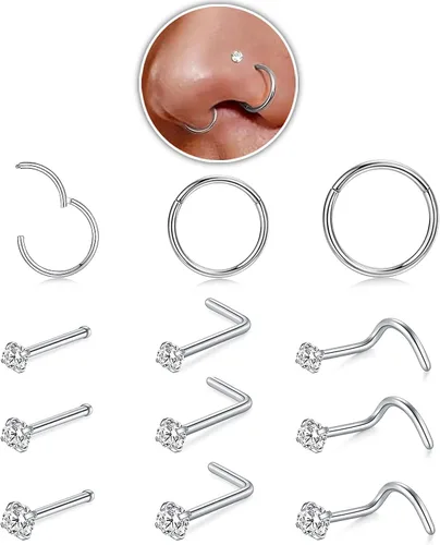 Vista 17 de Nose Rings Hoop and Nose Studs Sets for Women Men,Hypoallergenic 316L Surgical Stainless Steel Hinged Clicker Segment Nose Rings Hoop Helix