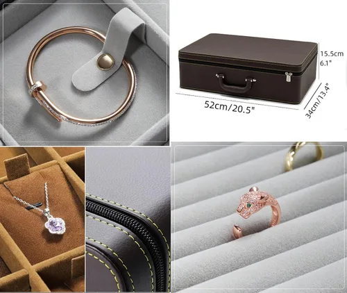 Vista 5 de Caja de Joyería Portátil Grande Organizador Comercial con Asa y Cremallera, Estuche de Accesorios de Piel Sintética con Bandejas, Regalo