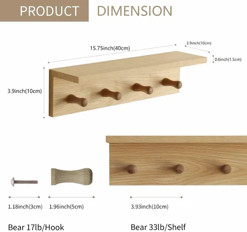 Vista 2 de Perchero de pared con estante, estante flotante de madera resistente con ganchos para ahorrar espacio interior, organizador de pared adecuado