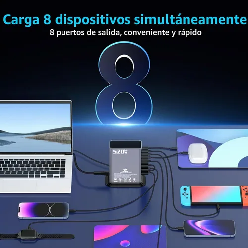 Vista 3 de Estación de carga USB-C de 520 W y 8 puertos - 4 x 100 W PD + 4 × 30 W Fast charger block for laptop, phone, tablet. 4 USB-C PD ports and 4 USB-A