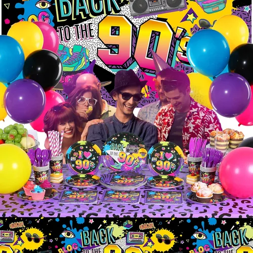 Vista 6 de Cunhill Decoraciones de fiesta de los años 90, temática de los años 90, globos de látex de regreso a los 90, mantel de fiesta de los 90, platos