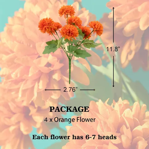 Vista 6 de Flores artificiales de caléndula, paquete de 4 ramos de flores de caléndula de seda de 12 pulgadas para decoración del día de los muertos