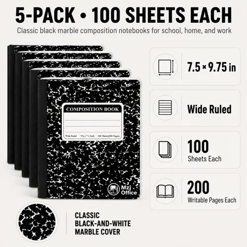 Vista 2 de Cuaderno de composición de mármol, paquete de 5 cuadernos de composición a granel con rayas anchas, 100 hojas (200 páginas) 7-1/2 x 9-3/4 pulgadas