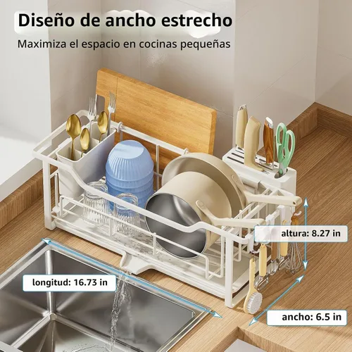 Vista 3 de AIDERLY Escurridor estrecho de platos para encimera de cocina, drenaje automático, escurridor de platos de hierro con cesta extraíble