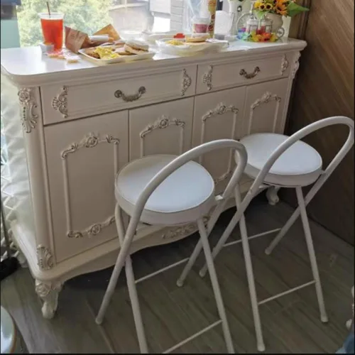 Vista 4 de NYASAA Taburete plegable para desayuno, silla alta con asiento acolchado, taburete redondo portátil con respaldo, taburete plegable para adultos al