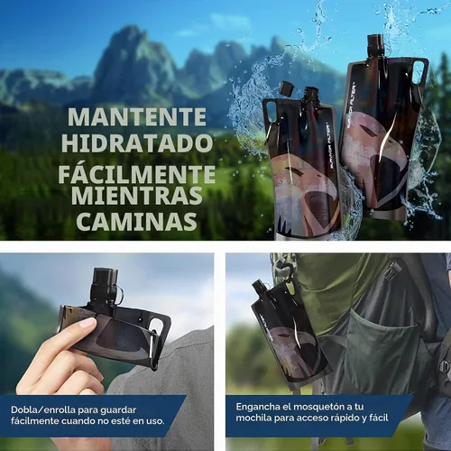 Vista 3 de Survivor Filter Botellas de agua plegables transparentes para viajes, senderismo, plegables, sin BPA, 2 unidades Negro