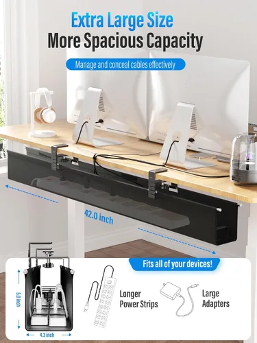 Vista 8 de Cinati - Bandeja grande de organización de cables para debajo del escritorio, organizador de cables para debajo del escritorio, sin taladros, Negro