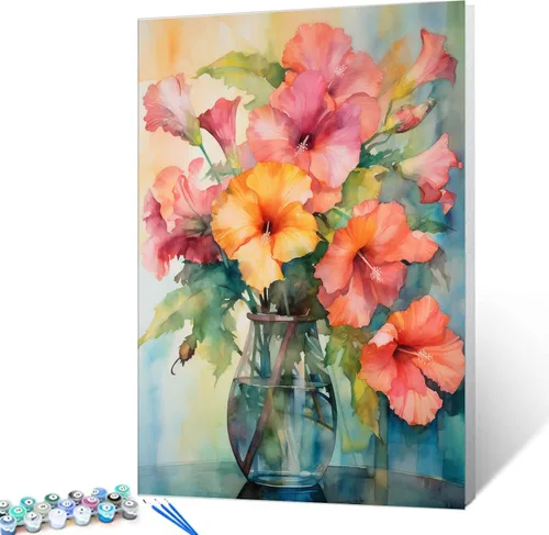 Vista 18 de Tucocoo Kit de pintura de margaritas coloridas por números con pinceles y pigmento acrílico sobre lienzo para adultos, hermoso proyecto