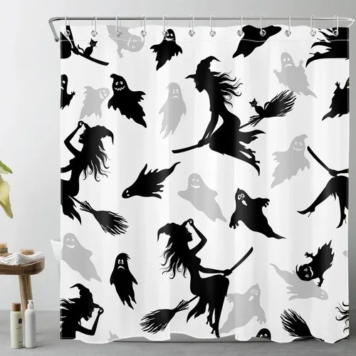Vista 27 de LB Cortina de ducha espeluznante de Halloween, lindo fantasma en flores, árbol negro, luna llena, cortinas de ducha para baño, tela de poliéster
