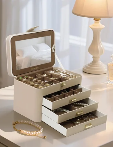 Vista 8 de KAMIER Caja organizadora de joyas, organizador de joyas de 4 capas con espejo, 3 cajones, caja de joyería grande para pulseras, aretes, anillos