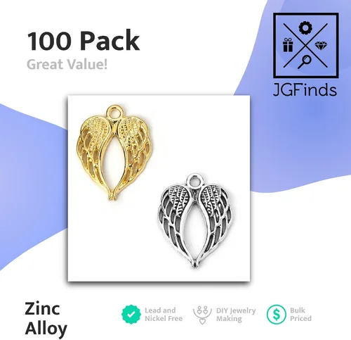 Vista 3 de JGFinds Dije de alas de ángel, paquete de 100 (50 plateadas, 50 en tono dorado) suministros para hacer joyas, pequeñas alas de metal de 7/8 pulgadas