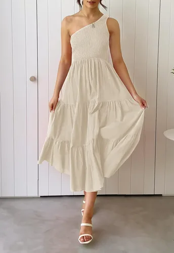 Vista 2 de ZCSIA - Vestido de verano bohemio para mujer, con un hombro descubierto, sin mangas, unicolor, largo debajo de la rodilla y con holanes escalonados