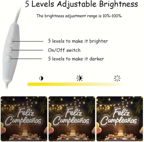 Vista 6 de Letrero de neón personalizado con texto en inglés «Feliz Cumpleaños», luz LED de pared para cumpleaños, decoración de fiestas, patio trasero