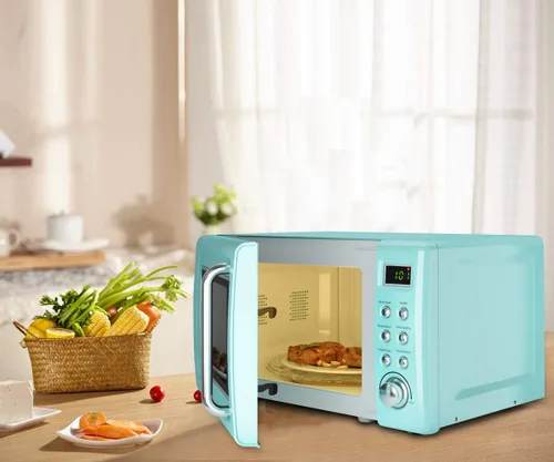 Vista 4 de Horno microondas retro, Safeplus de 0.7 pies cúbicos, microondas de 700 W con placa de acero laminado en frío, 5 micro descongelación y función