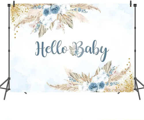 Vista 3 de Mocsicka Telón de fondo bohemio para baby shower para niños, tema de Hello Baby Boho Chic Flores Azules, Fondo de fotografía Bohemio Baby Shower