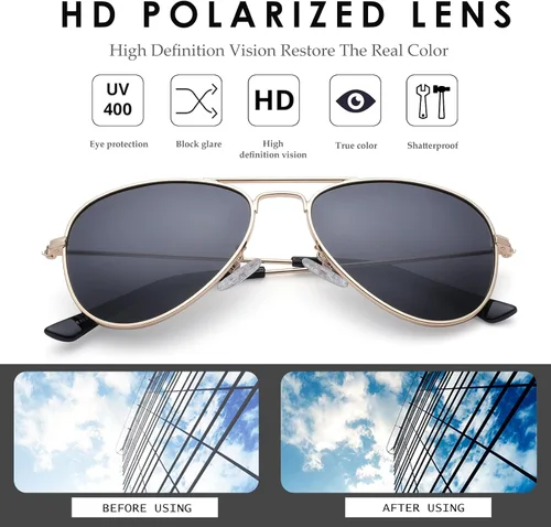 Vista 4 de NULOOQ Gafas de sol polarizadas de aviador para niños, niñas y adolescentes de 2 a 16 años, marco de metal, lente espejada de 1.969in y 2.047in