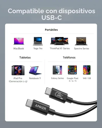 Vista 6 de Anker Cable USB C (3.3 pies, 240 W), cable de datos USB 4, 40 Gbps, pantalla HD 8K, compatible con Thunderbolt 4/3, para iPhone 17, MacBook, Hub