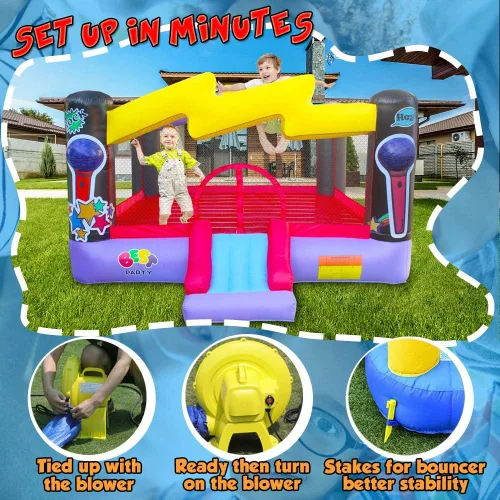 Vista 6 de BESTPARTY Casa inflable de rebote con soplador para niños, tema de estrella pop, tobogán hinchable y gran área de salto, para patio, patio trasero