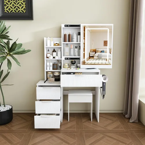 Vista 12 de Escritorio de tocador con espejo de luz LED, mesa de tocador de maquillaje con taburete, 5 cajones, soporte para secador de pelo, toma de corriente