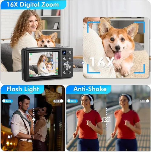 Vista 5 de Cámara digital 4K, cámara de videoblogs de 64 megapíxeles con enfoque automático y lente dual, zoom digital 16X, cámara compacta de YouTube
