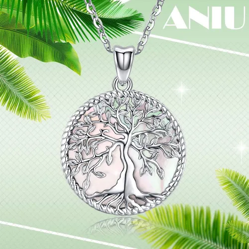 Vista 6 de Aniu Tree of Life Necklace for Women, 925 Sterling Silver Mother of Pearl Family Palm Tree Charm Pendant Jewelry for Birthday Christmas Gift