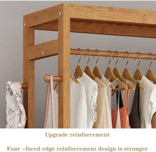Vista 3 de Perchero de madera independiente para ropa, con 2 estantes de almacenamiento y 4 ganchos, ideal para almacenamiento de ropa de dormitorio