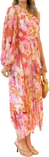 Vista 4 de Vestido largo de un hombro para mujer, plisado, floral, para playa, bohemio, vestido de cóctel, Rosado