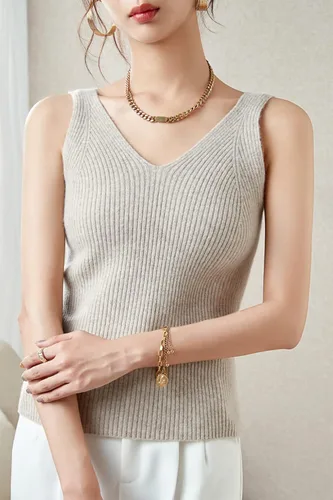 Vista 4 de LINY XIN Chaleco de punto 100 % lana merino para mujer, con cuello en V, sin mangas, liso, clásico
