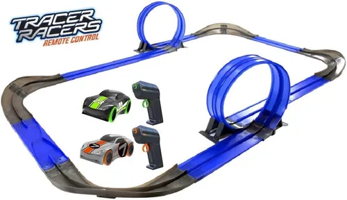Vista 2 de Juego de pista de carreras con control remoto inalámbrico que brilla en la oscuridad de alta velocidad con dos autos para carreras duales, azul