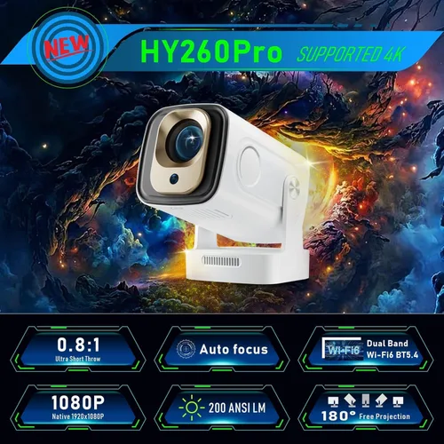 Vista 2 de Mini proyector HY260PRO, resolución nativa 1080P, Android 11.0, WiFi 6, Bluetooth 5.4, 200 lúmenes ANSI, pantalla de 130 pulgadas